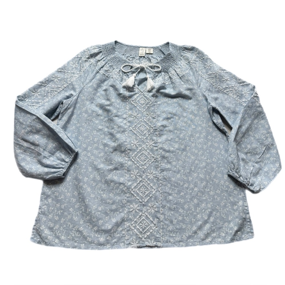 Joie Linen Pastel Blue Peasant Embroidered Blouse Top M Boho